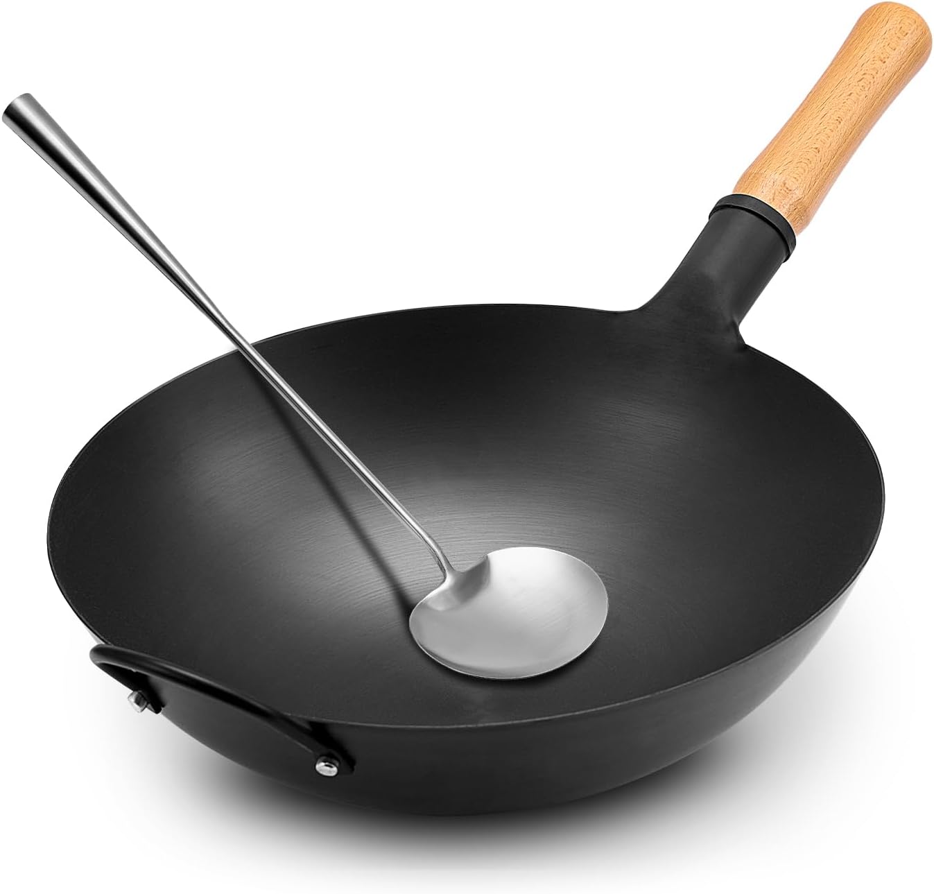 WANGYUANJI Iron Wok, 14.17 inch Traditional Round-Bottom Wok, Chef’s Professional Stir-Fry Pan with Wooden Handle, Chemical-Free Iron Wok for Gas Stoves and Round-Bottom Induction Stovetop 13.38Inch 13.38Inch