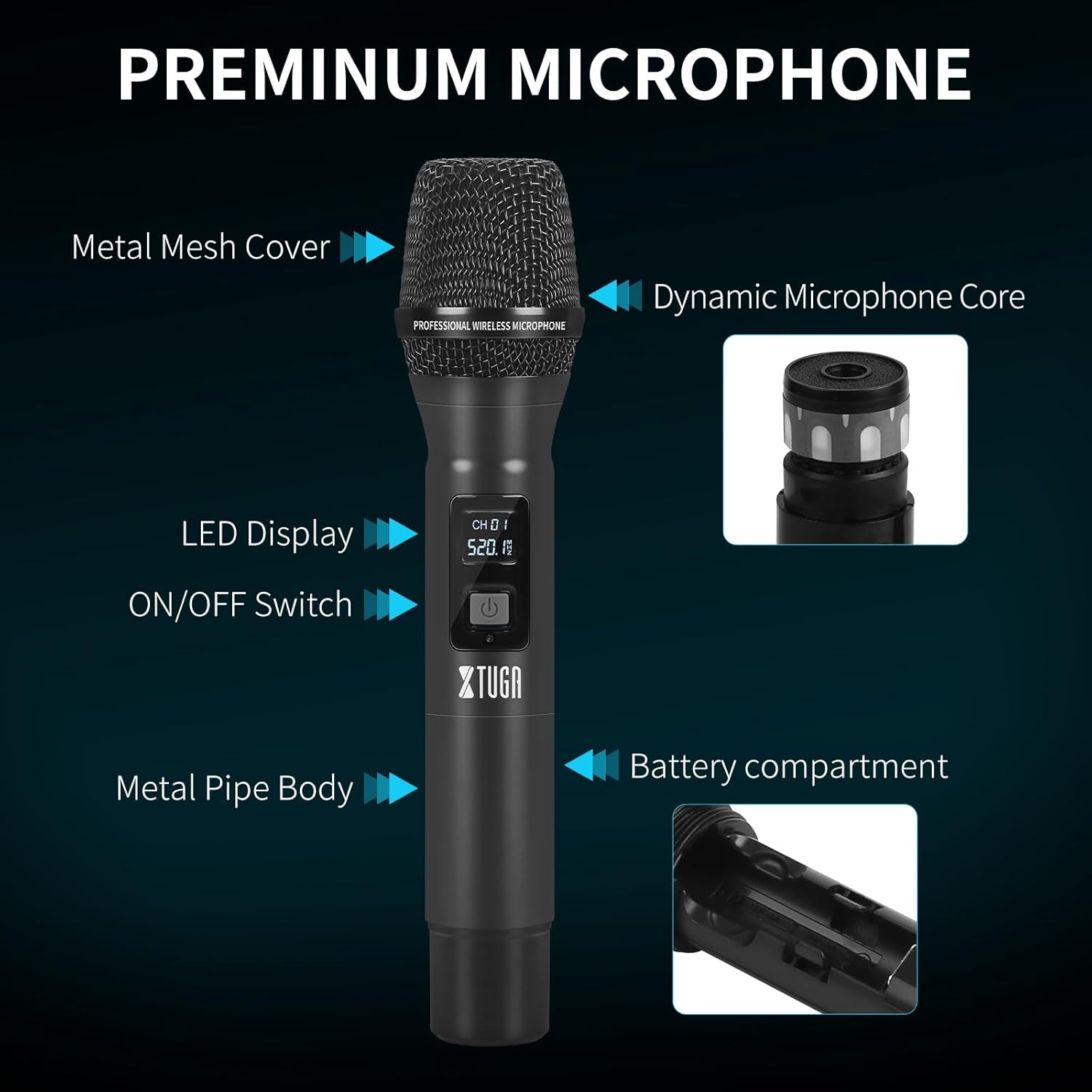 XTUGA Wireless Microphone System,8 Channel Cordless Mic with Handheld Metal Wireless Mic Set, 230ft Range,Dynamic Mics for Singing, Karaoke,Church,Wedding,DJ,Fixed Frequencies (MT8) - Image 6