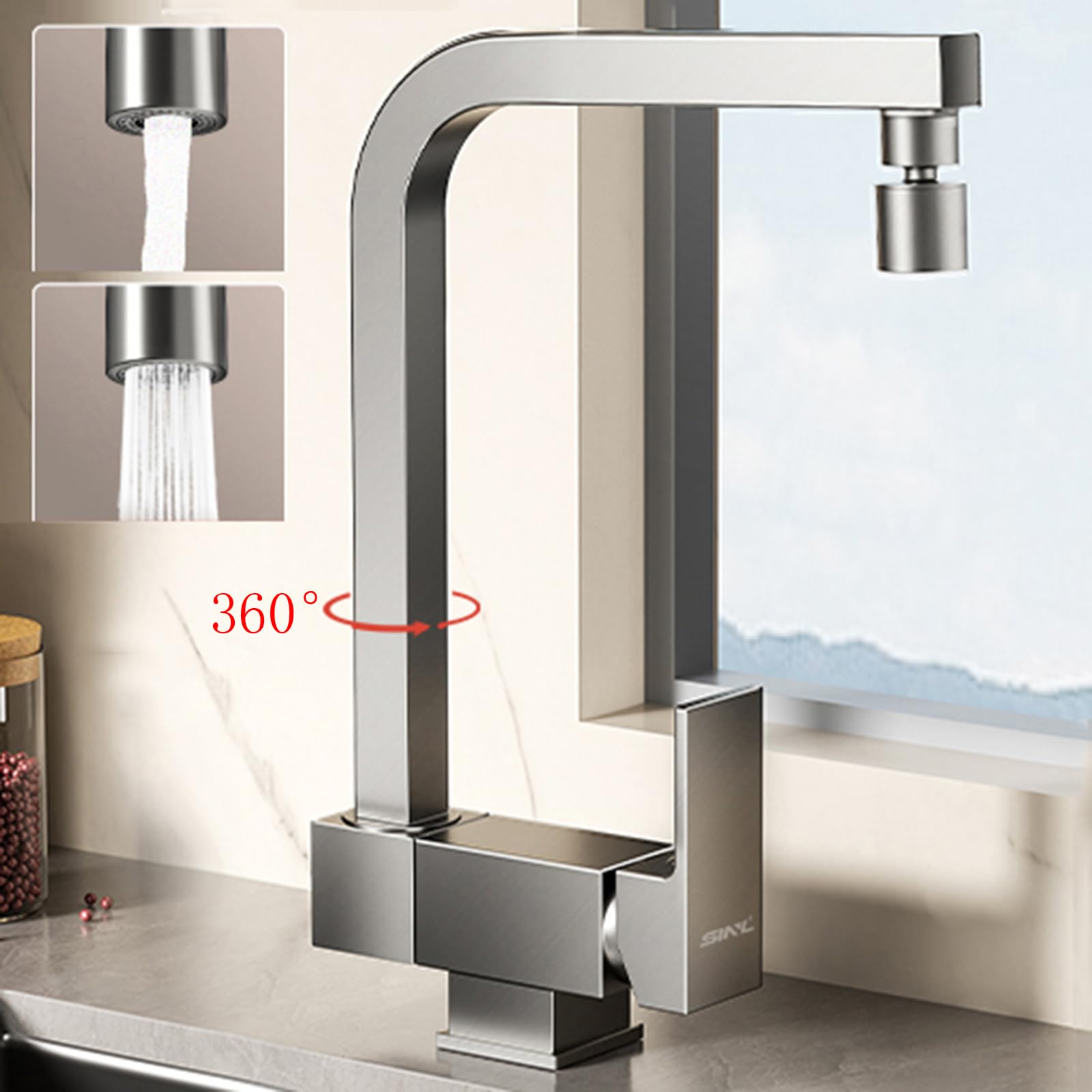 XJTNLB Grifo Cocina Plegable Bajo Ventana Cepillado Grifo Monomando de Cocina Plegable Grifo Cocina Abatible Mezclador Agua Fria Caliente-Modo Dual