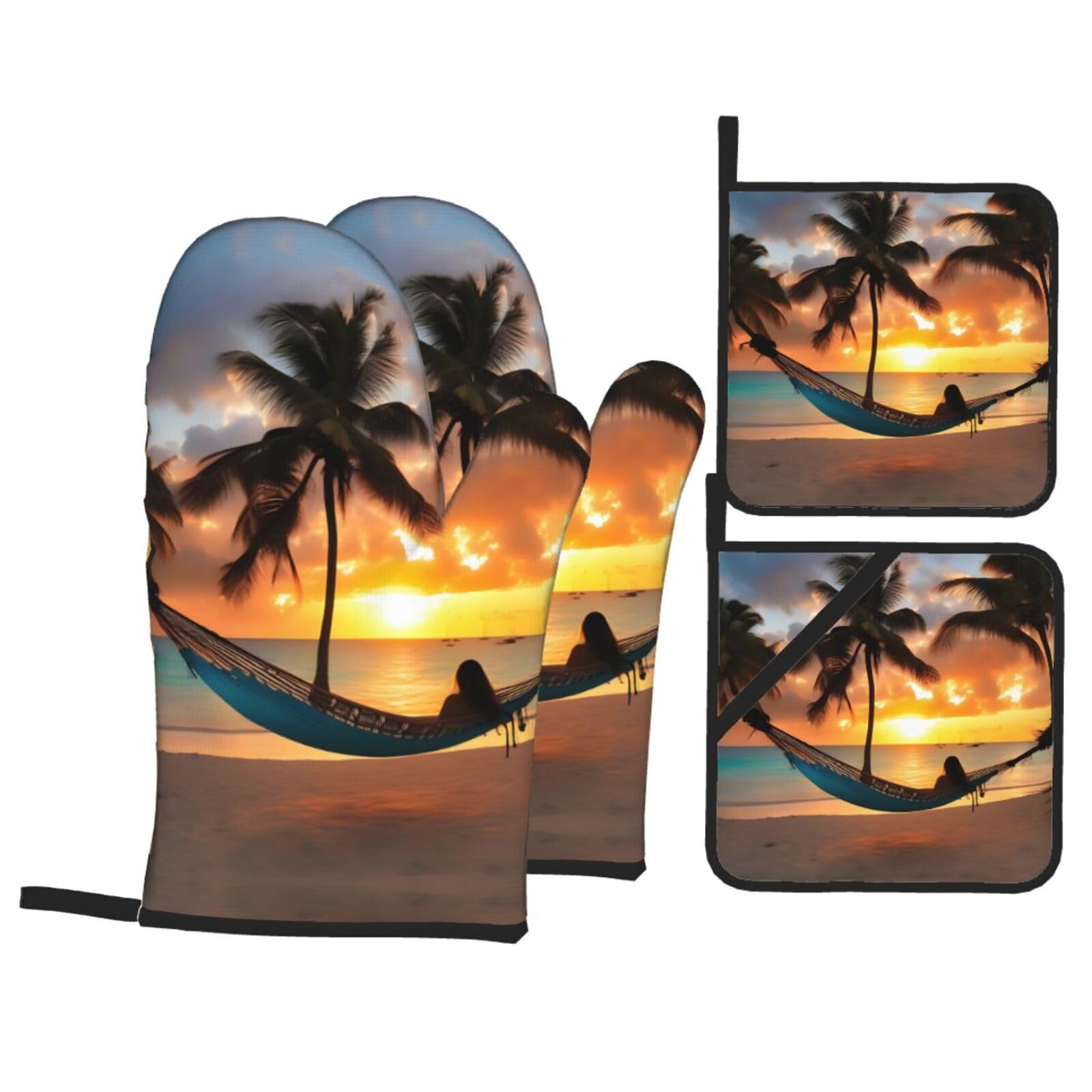 Coconut Beach Sunset Hammock Print Oven Microwaving Waterproof Kitchen Gloves for Baking Grilling Holiday Cooking
