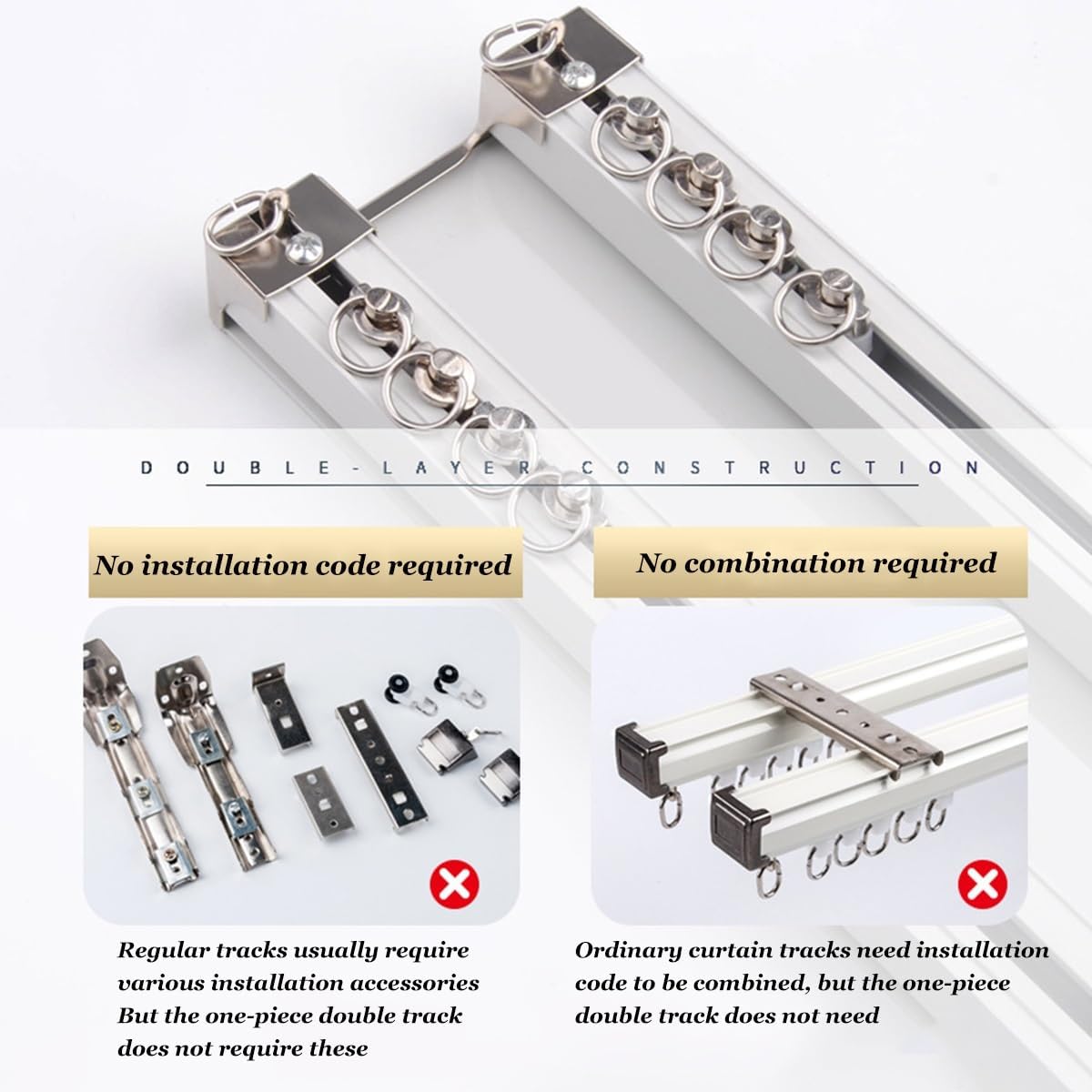 Heavy Duty Double Curtain Rods 2-19 FT, Decorative Ceiling Mount Track Set, Easy Install Aluminum Curtain Rail for Living Room & Bedroom (White, 4.3FT/130CM)