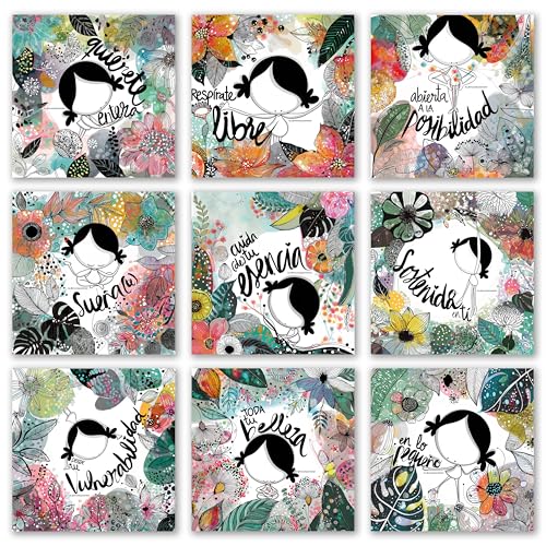 MUXOTE - Pack de 9 Láminas Decorativas Pared con Mensajes Motivacionales. 24x24cm. Cuadro Poster Puerta, Pared, Habitación, Salón, Dormitorio, Oficina, Despacho, Tienda, Escaparate - SIN marcos -