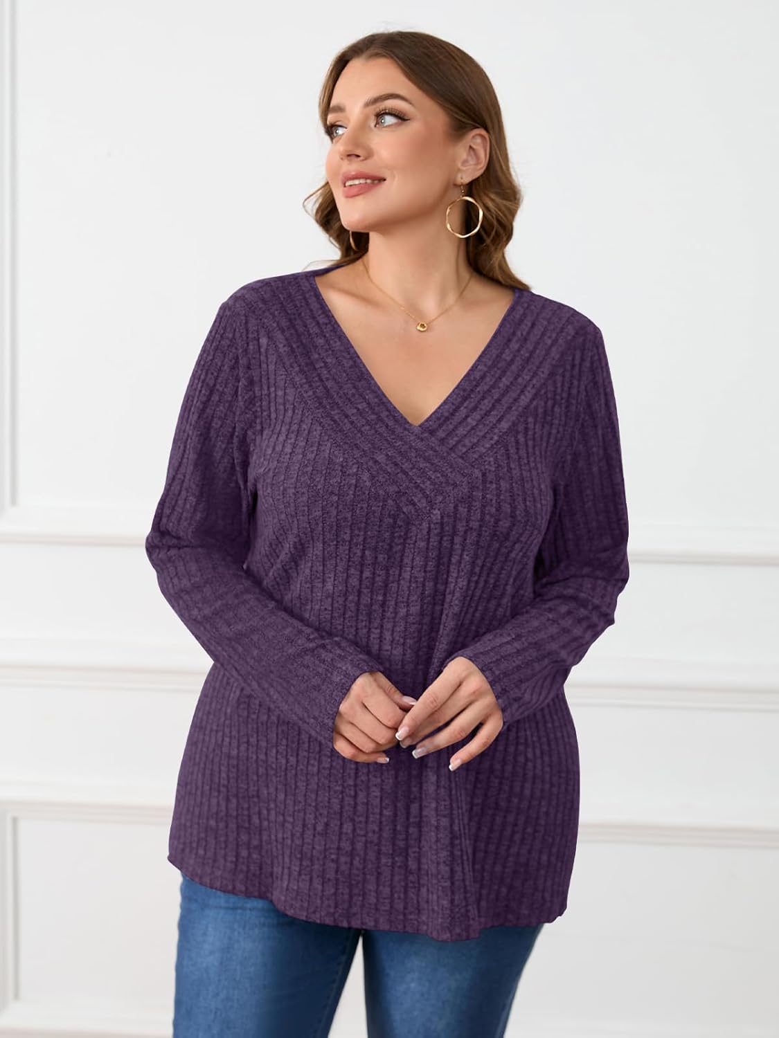 BELAROI Plus Size Tops for Women Fall Casual Tunic Shirts Lightweight V Neck Pullover Long Sleeve Blouse - Image 4