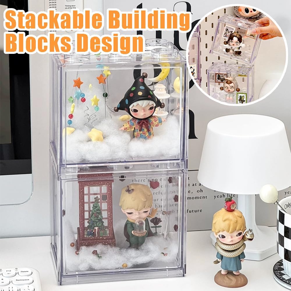 Ouliget Acrylic Display Case for Collectibles Action Figure Figurine,Building Blocks Stackable Clear Display Case,Blind Box Storage Container, 2 Pack