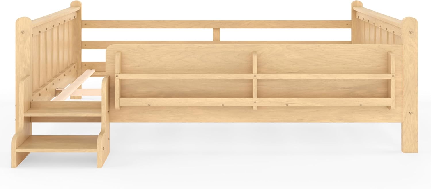 LUMISOL Queen Size Platform Bed Frame for Kids, Solid Wood Bed Frame with Bookshelves and Stairs, No Box Spring Needed, Light Natural