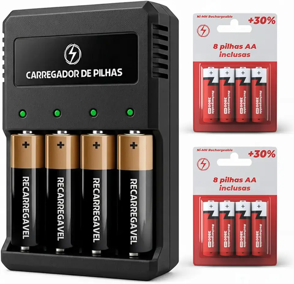 Carregador de Pilhas Recarregáveis Aa/aaa Bivolt - Kit Carregador + 8 Pilhas AA