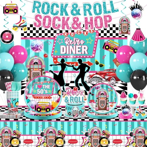 Rock and Roll 50s Party Decorations Sock Hop Backdrop Tableware Set for 25