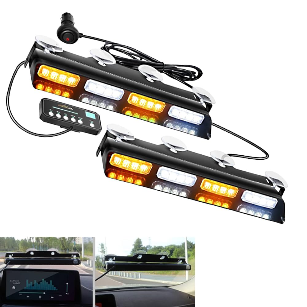 Riloer 1 par de luces estroboscópicas de emergencia de 12 V, luz estroboscópica de emergencia con ventosa, chip LED+ABS color blanco y amarillo