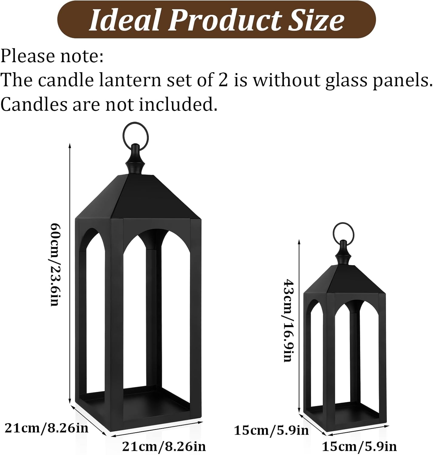 23" 17" Large Black Metal Candle Lanterns Decorative Indoor Modern Farmhouse Lantern Decor Set of 2 Outdoor Lanterns for Porch Patio Floor Mantle Fireplace Lantern for Christmas Halloween Home Decor