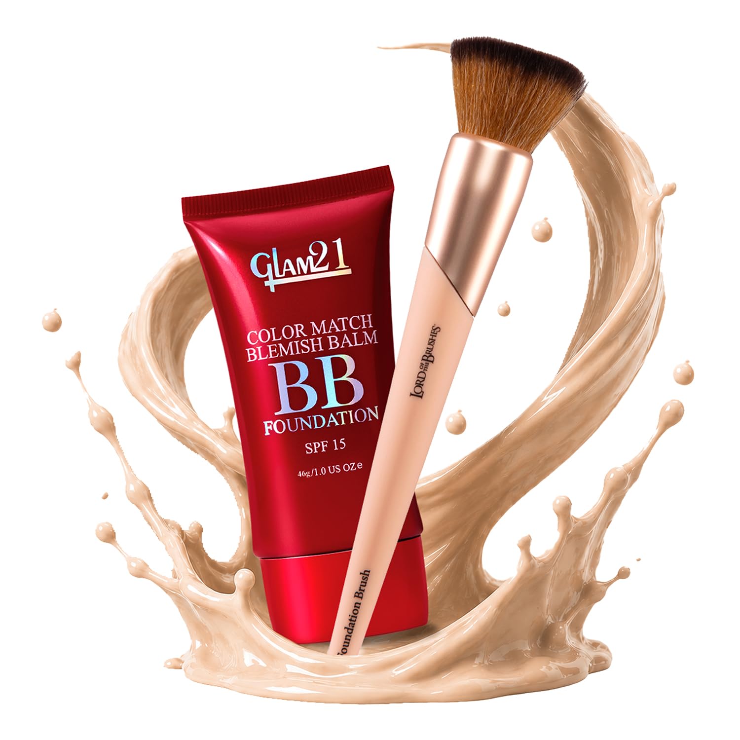 glam21 color match bb cream foundation spf 15-light medium -03 ,46gm) + lord of the brushes foundation brush | lightweight bb cream makeup combo | natural glow | non-cakey daily wear | flawless blending