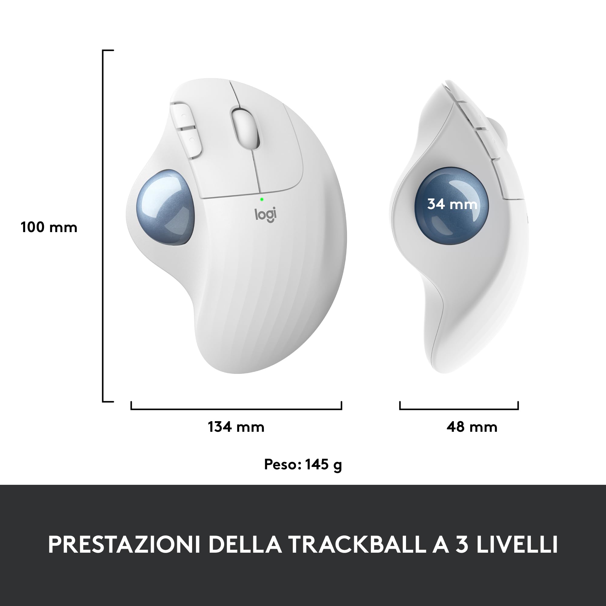 Logitech ERGO M575 Mouse Trackball Wireless | Controllo pollice, tracciamento fluido, design ergonomico, Windows/PC/Mac, Bluetooth/USB, Offwhite