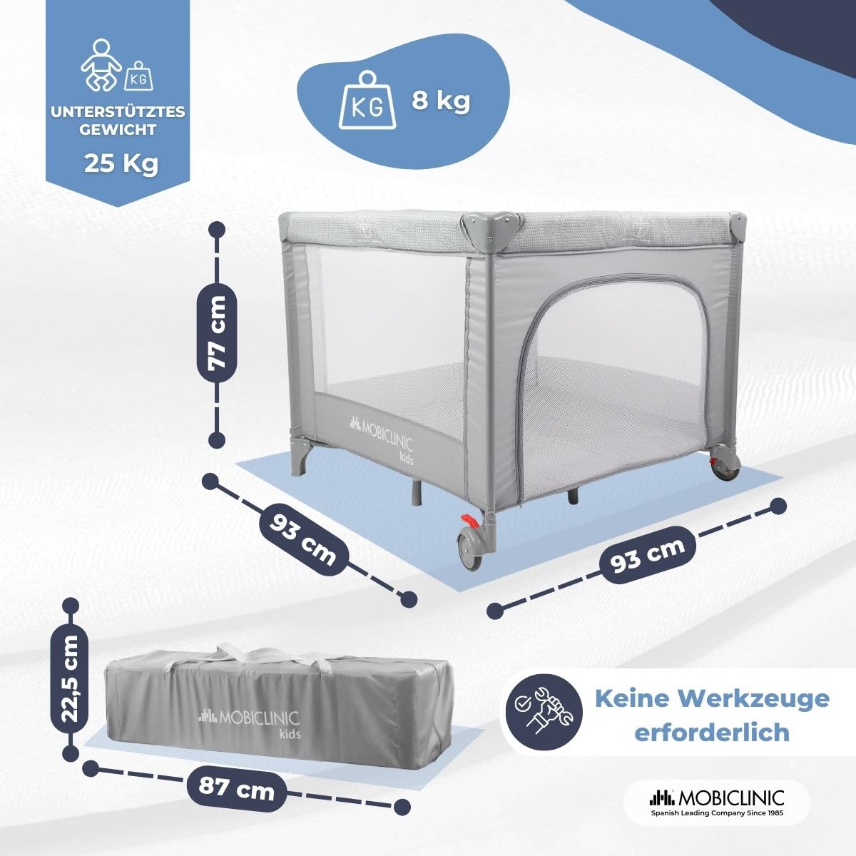 Mobiclinic®, Baby Laufgitter, 2 in 1, Reisebett, Tragetasche, Faltbar, Seitlicher Einstieg, Baby Laufgitter, 0-3 Jahre, Atmungsaktives Netz, 2 Räder mit Bremse, Herausnehmbare Matratze, Sleepland