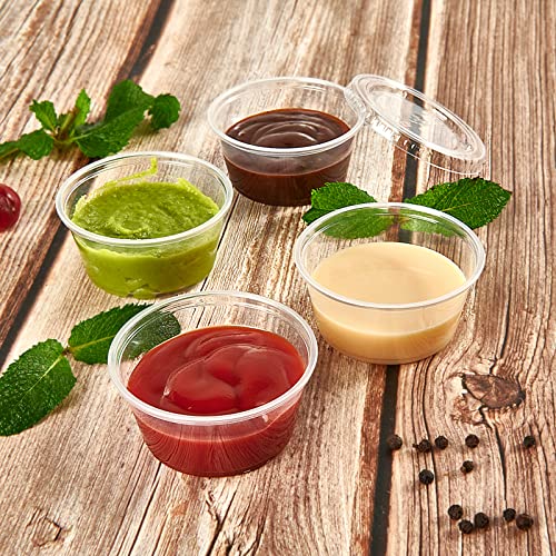 Image of 200 Sets 3.25 oz Plastic Portion Cups with Lids, Plastic Sauce Cup with Lid | Leak-proof sealing lids for sauces, jelly shots, souffle, condiments, dressings, for daily use, commercial kitchens, takeaway