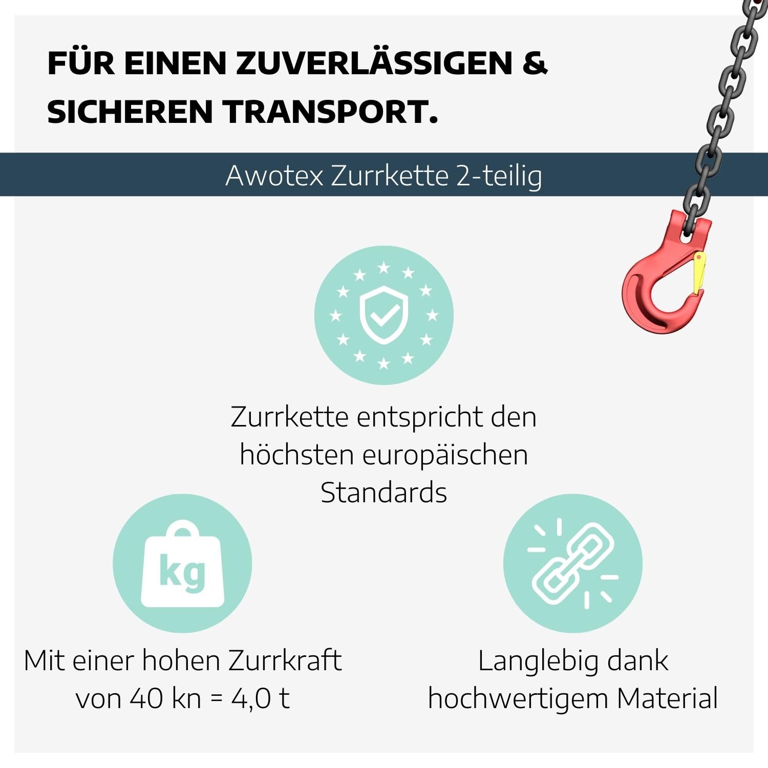 Zweiteilige Zurrkette 8 mm GK8 mit Ratschenlastspanner I langlebige Zurrkette für Bagger mit Ratsche I Sicherheitsgeprüfte Zurrkette für Bagger I Bagger-Zurrkette 1,5 m lang