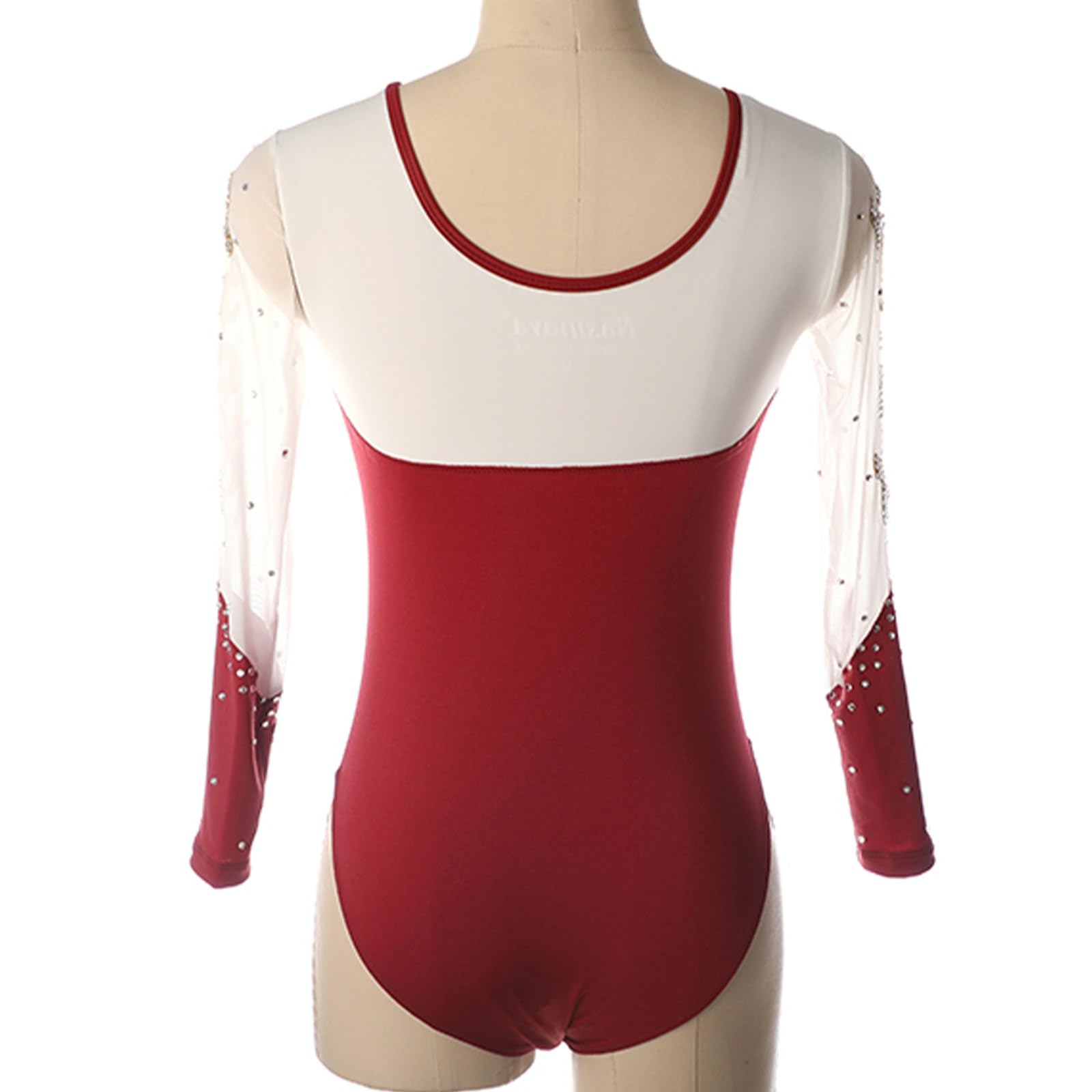 Maillot de gimnasia rítmica for mujer, estampado transparente, manga larga, for niñas, con diamantes de imitación brillantes