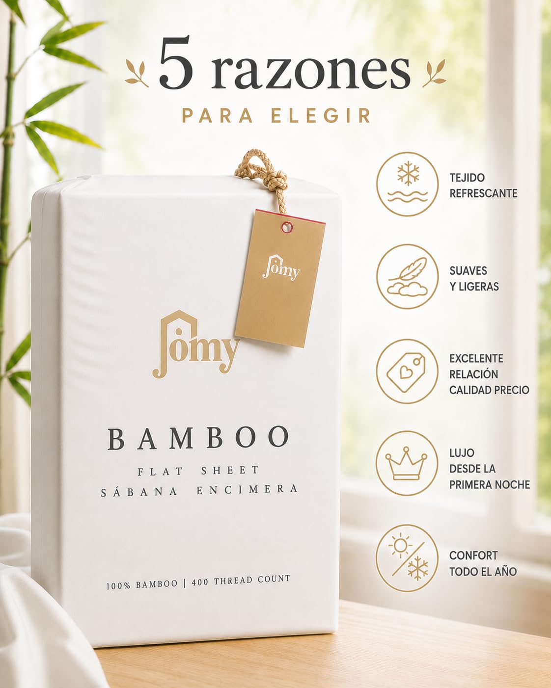 Jomy - Sábana encimera bambú Cama 150 cm Sabana encimera 240 x 280 cm Suave y refrescante Termorreguladora Sábanas Frescas para Verano, Color Blanco sabanas Saten 400 Hilos