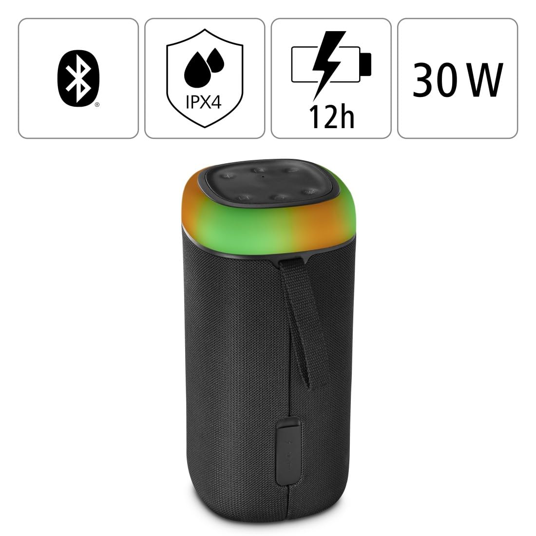 Hama Enceinte Bluetooth Portable Shine 2.0" Lumineux 5 Couleurs sans Fil, Lumière LED, Haut Parleur Etanche IPX4, Rechargeable Autonomie 12h, Résistance poussière et Chocs, Puissance 30 W, Noir