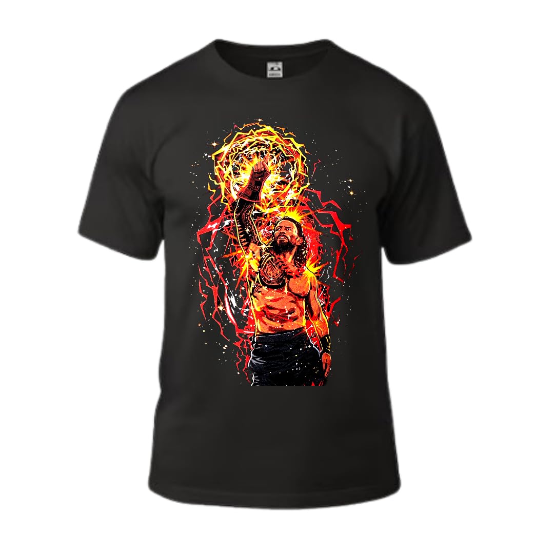 Roman Wrestling Superstar Fiery & Maroon Black Unisex Black Cotton T-Shirt-picture-13