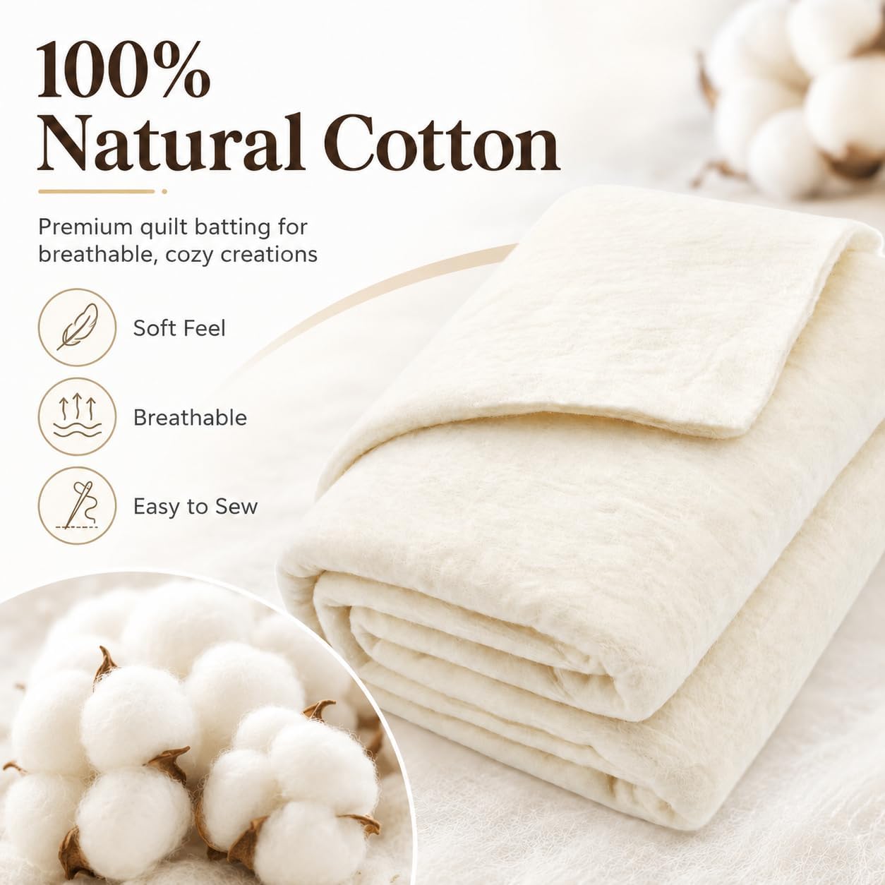 Natural Cotton Quilt Batting, 71"x79" Mid-Weight (200 g/m²) Cotton Batting for Quilting All - Season, 100% Pure, Breathable & Soft - Ideal for Quilting, Sewing, Wearable Art & DIY