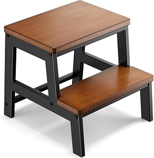 RORKEE 2-Step Wooden Step Stool for Adults - Non-Slip, 500lb Sturdy Bed Steps, Easy Assembly for Kitchen, Bathroom, Bedroom