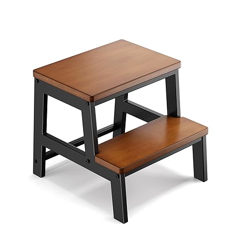 2 Step Wooden Step Stools for Adults Non-Slip, Sturdy Bed