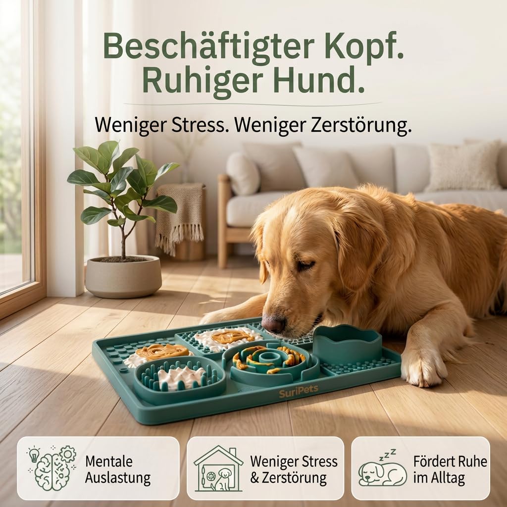 Schleckmatte Hund & Katze mit Napf – LFGB Silikon Lick Mat mit Saugnäpfen – Slow Feeder gegen Schlingen, Stress & Langeweile – inkl. Spatel – BPA frei & spülmaschinenfest