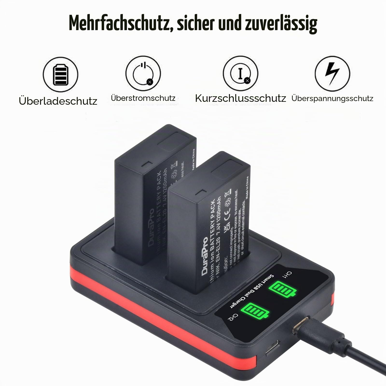 DuraPro 2Pcs 1200mAh EN-EL20 EN EL20 Battery + LCD Dual USB Charger with Type C Port for Nikon EN-EL20,EN-EL20a, Nikon Coolpix P1000, P950 Coolpix A 1 J1/1 J2/1 J3/1 S1/1 V3 Cameras