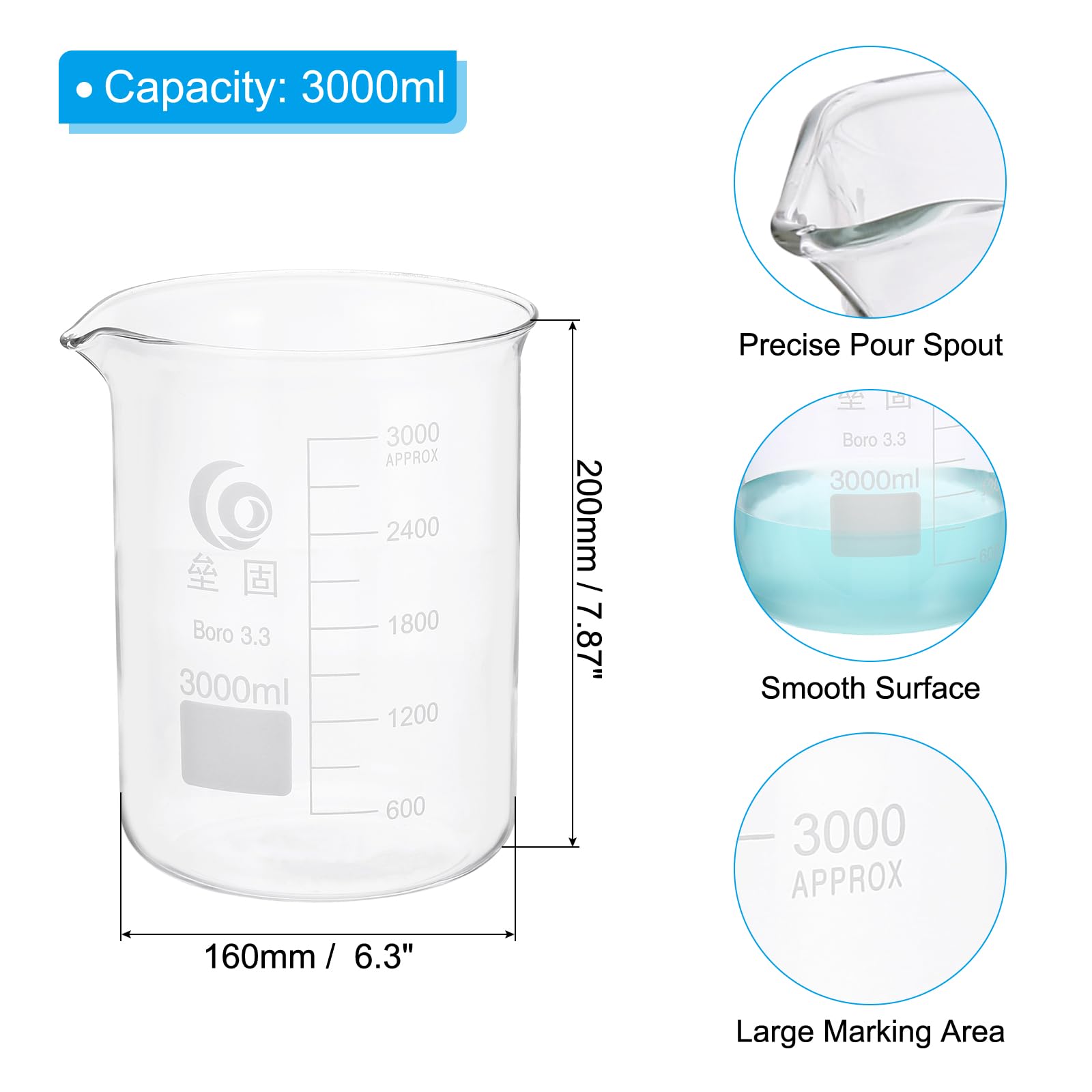 PATIKIL 3000ml Low Form Glass Beaker, 1Pcs 3.3 Borosilicate Glass Beakers Graduated Measuring Cup with Spout for Lab Experiment, Cooking and Baking, Clear