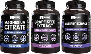 PURE ORIGINAL INGREDIENTS Grape Seed, Bilberry, & Magnesium Citrate Capsule Bundle (365 Capsules Each), No Magnesium or Ri...