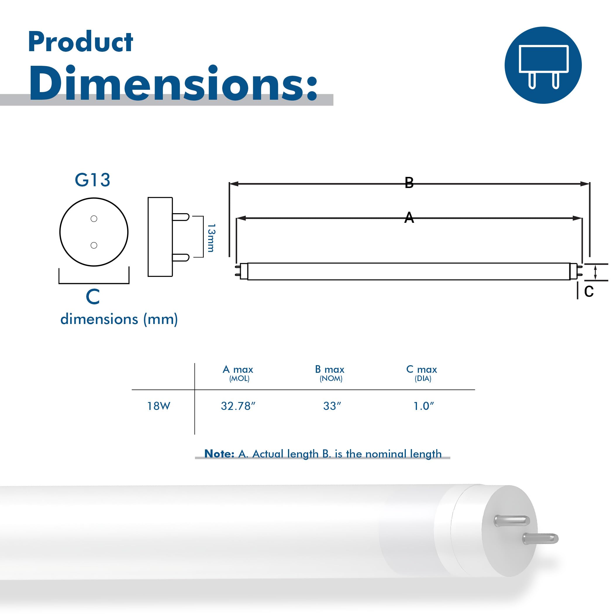 33 in. T8 G13 Base LED Tube Light, 120–277V, Type B, Ballast