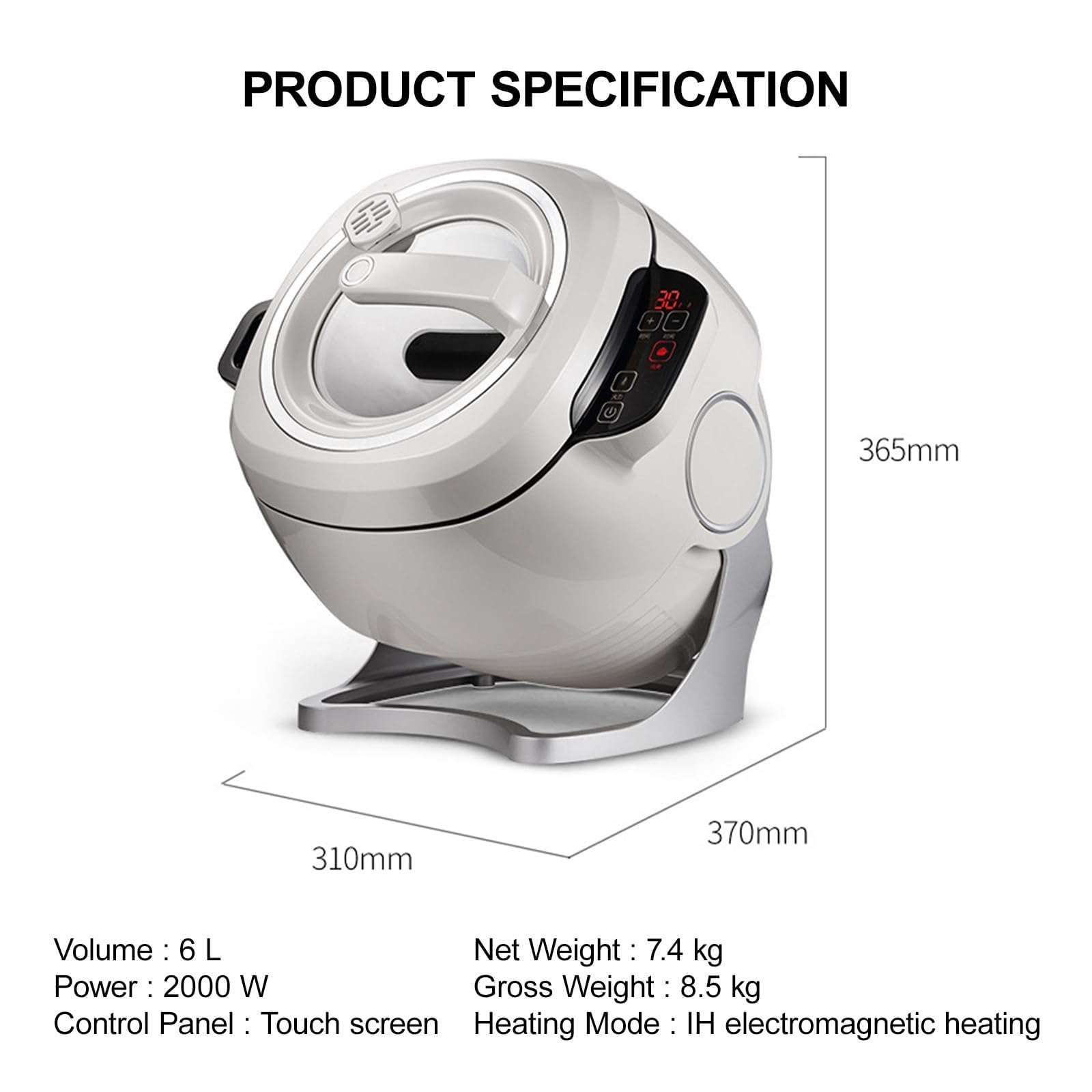 Kommerzielle 6L Küchenmaschine, 2000W Automatische Kochstation, 360° Dreh, Touch