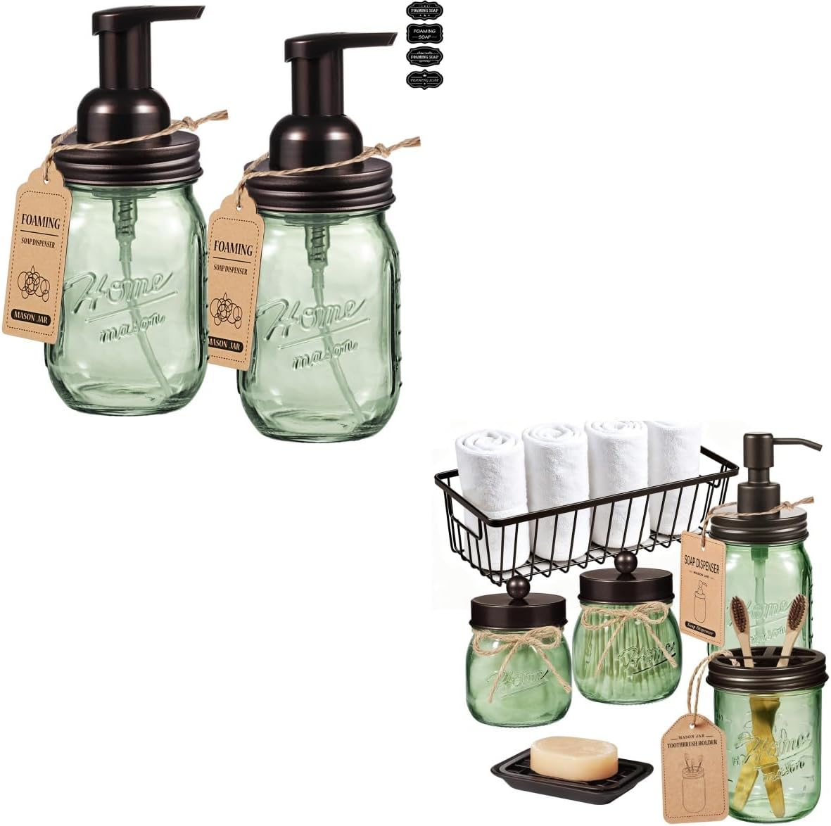 SheeChung Green Bathroom Accessories Set, 6Pcs Mason Jar Glass Bathroom Set & 2Pcs Glass Foaming Soap Dispenser, 16 Oz Refillable Liquid Foam Dispenser for Bathroom Kitchen