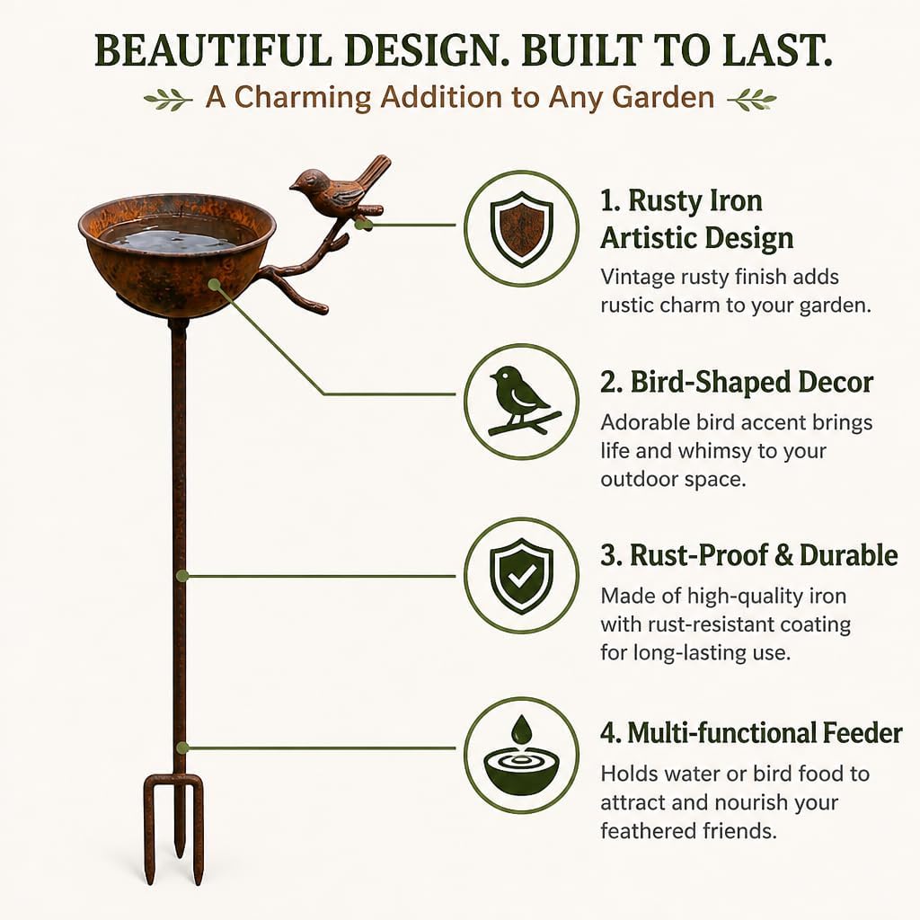 Rusty Metal Bird Feeder & Rain Catcher Garden Stake, Bird Bath Water Bowl with Vintage Bird Ornament, Outdoor Yard Lawn Balcony Patio Landscaping Decor, Attracts Birds & Beneficial Insects