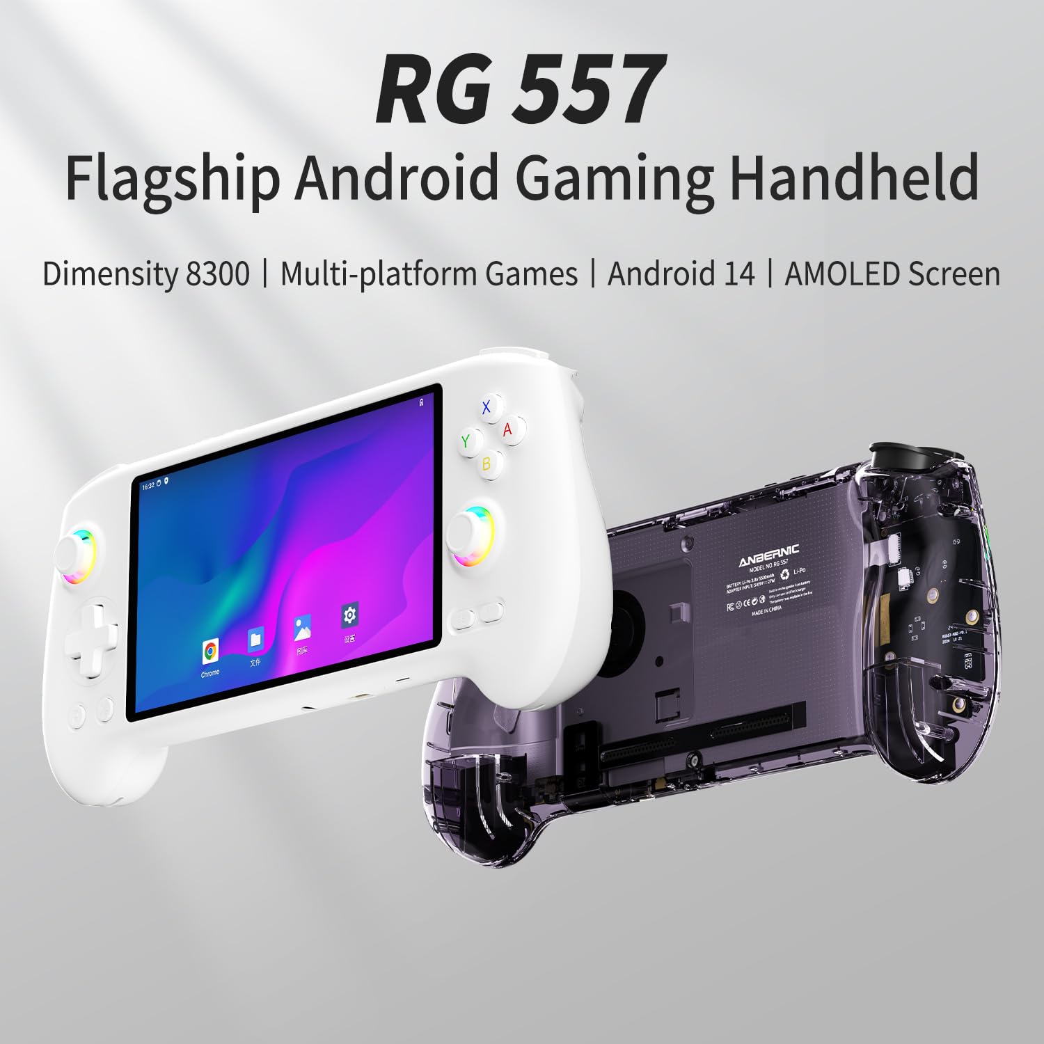 RG557 Retro Handheld Game Console , 5.48 Inch AMOLED Screen Handheld Emulator Preloaded 4423 Games Android 14 System Dimensity 8300 Processor Support WiFi 6E Bluetooth 5.3(White)