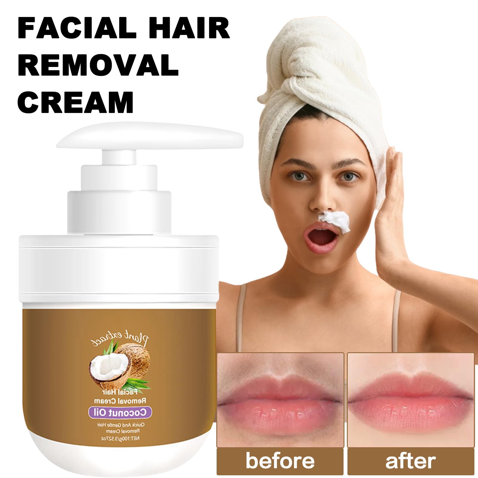 Crema depilatoria facial, crema depiladora de coco para labio superior y mentón para mujeres, removedor de vello facial para piel sensible, suave y no irritante, 3.52 onzas líquidas 2