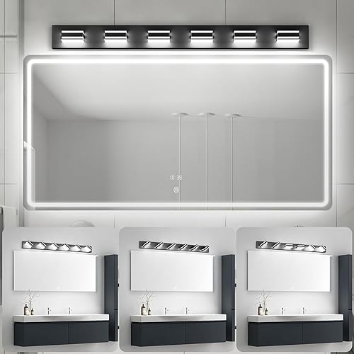 Miniatura 5 de Ralbay Lámpara LED moderna de tocador de 48 pulgadas para baño, 6 luces, acrílico, moderna, color negro mate, accesorios de iluminación sobre espejo