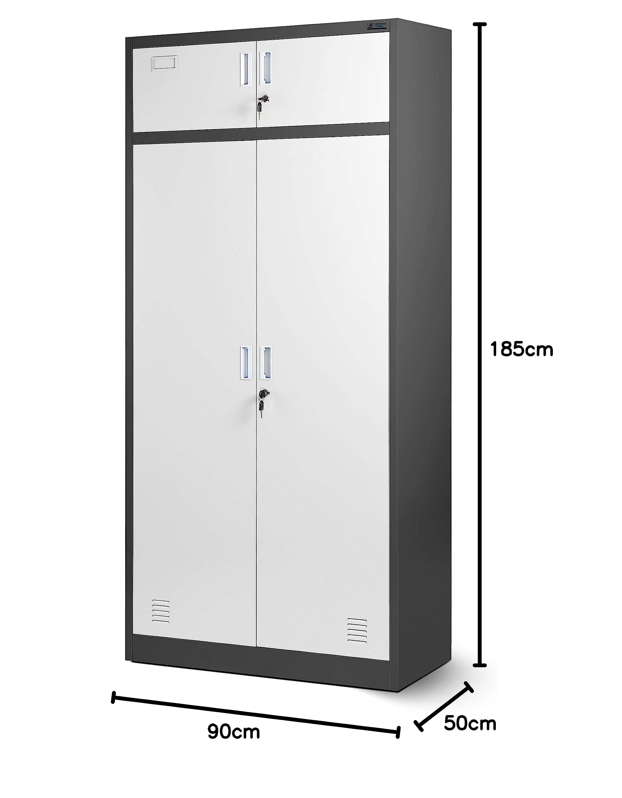 Jan Nowak Aktenschrank, Mehrzweckschrank, Spind Schrank | Geheimfach, 2 Schubladen, 4 Fachböden, Mit Kleiderstange, Spiegel, Pulverbeschichtet, Abschließbar | 185 cm x 90 cm x 50 cm Anhtrazit/Weiß