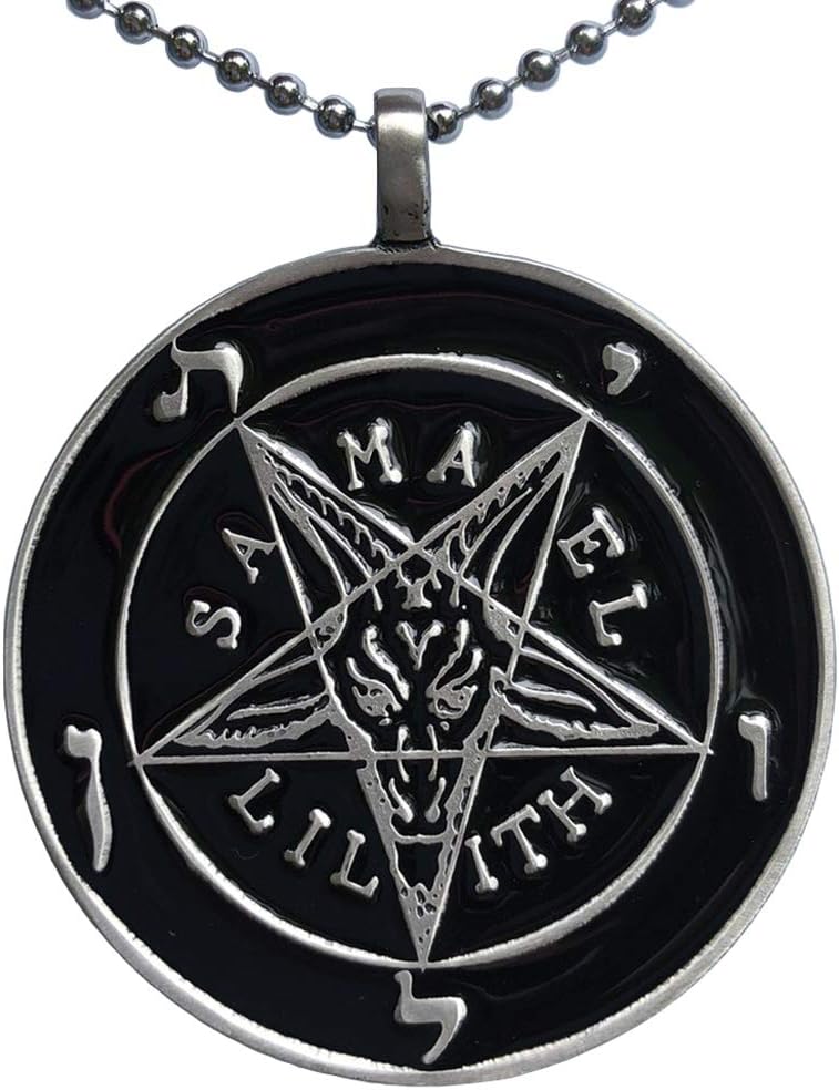 Samael Lilith Inverted Pentagram Pentacle Star Baphomet LaVeyan Devil Satanic Church of Satan Pagan Pewter Men's Pendant Necklace for men Charm Protection Amulet Medallion Talisman Silver Ball Chain