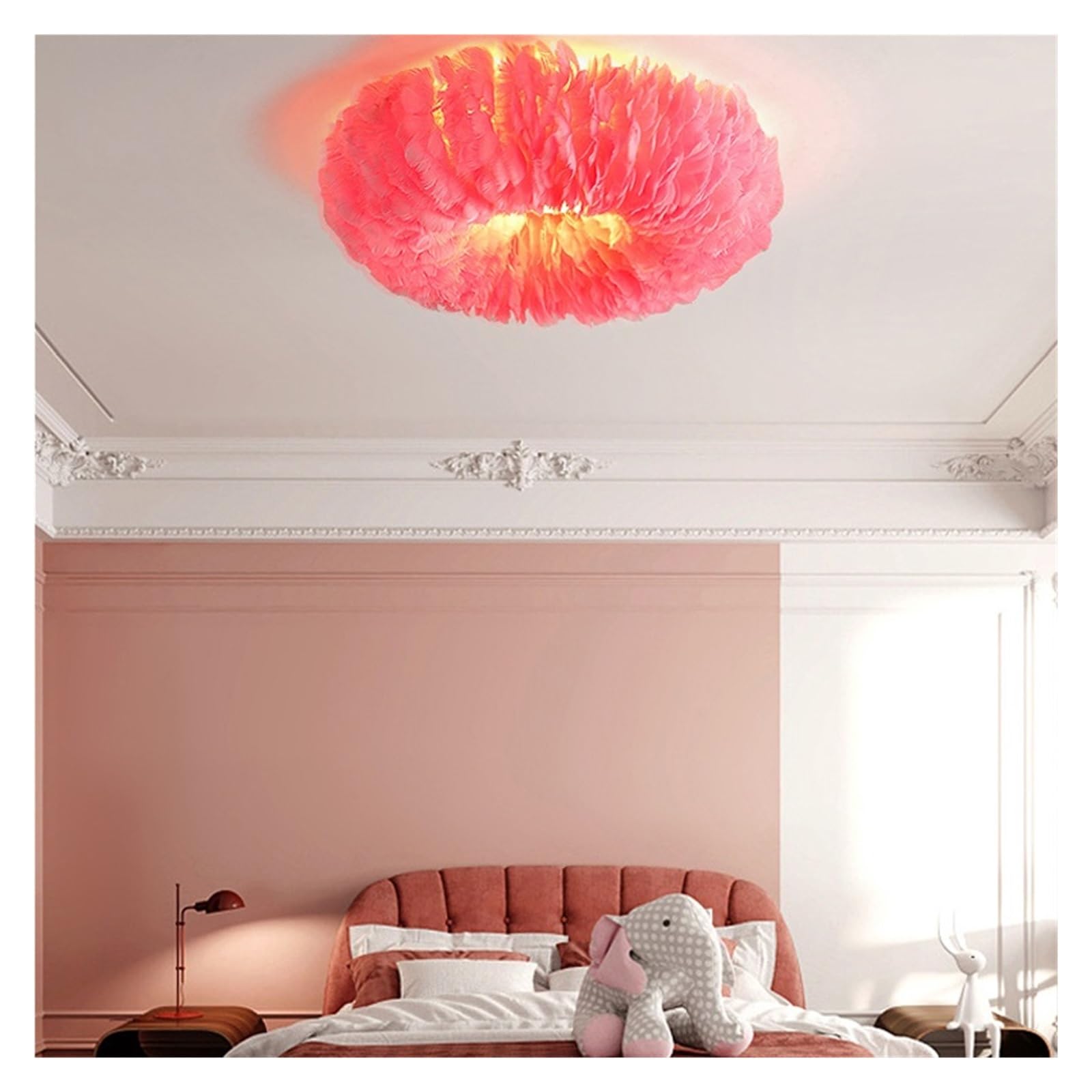 Lámpara de techo LED de pluma nórdica blanca/rosa/gris/amarilla, luz de montaje de hierro de sombra tejida a mano for sala de estar de dormitorio de niños