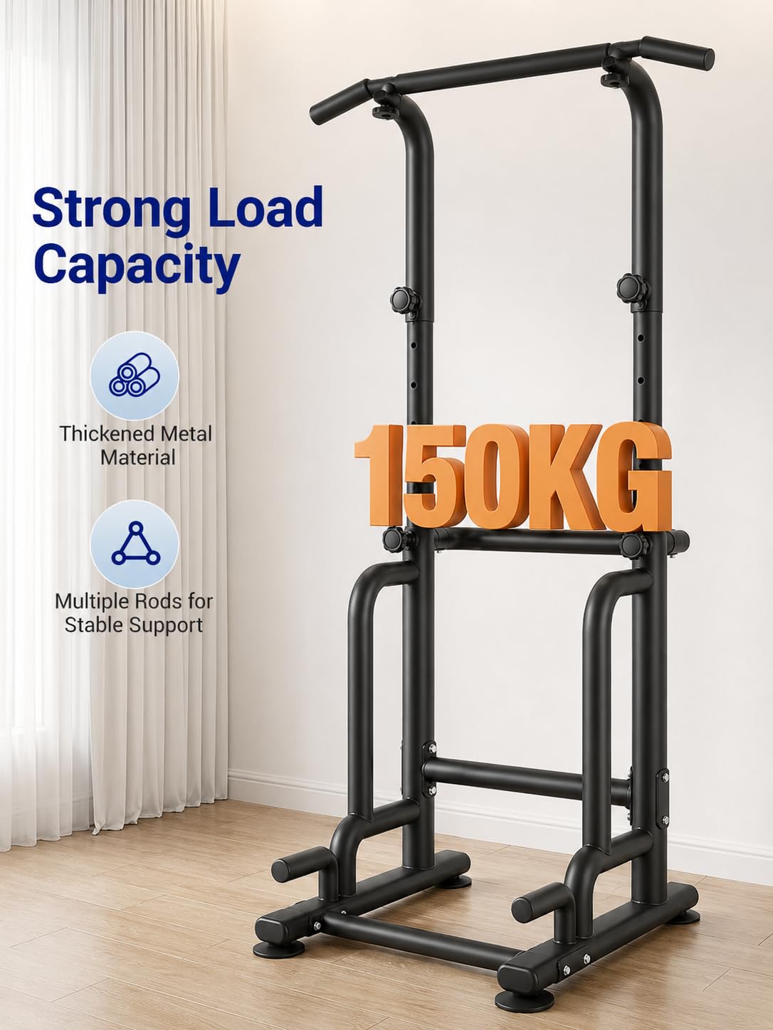 Barra de dominadas independiente de hasta 215 cm, estación de fondos Power Tower de hasta 150 kg, ajustable en 9 direcciones, estación de fuerza compacta con barras para fondos, barra para fondos