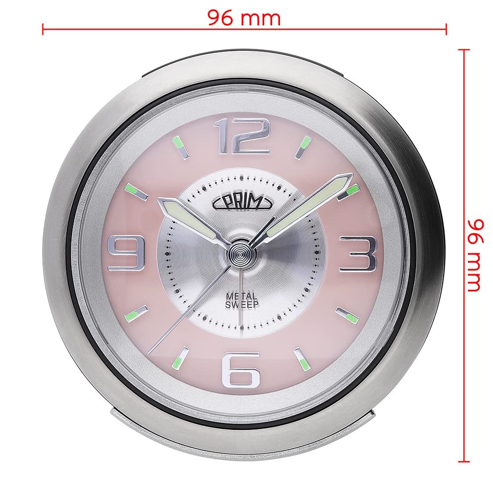Prim Reloj Despertador analógico de Acero con LED, sin tictac, analógico, Retro, Grande, silencioso, analógico, Funciona con Pilas, Alarma de repetición de Alarma, Color Plata/Rosa, pequeño/Normal