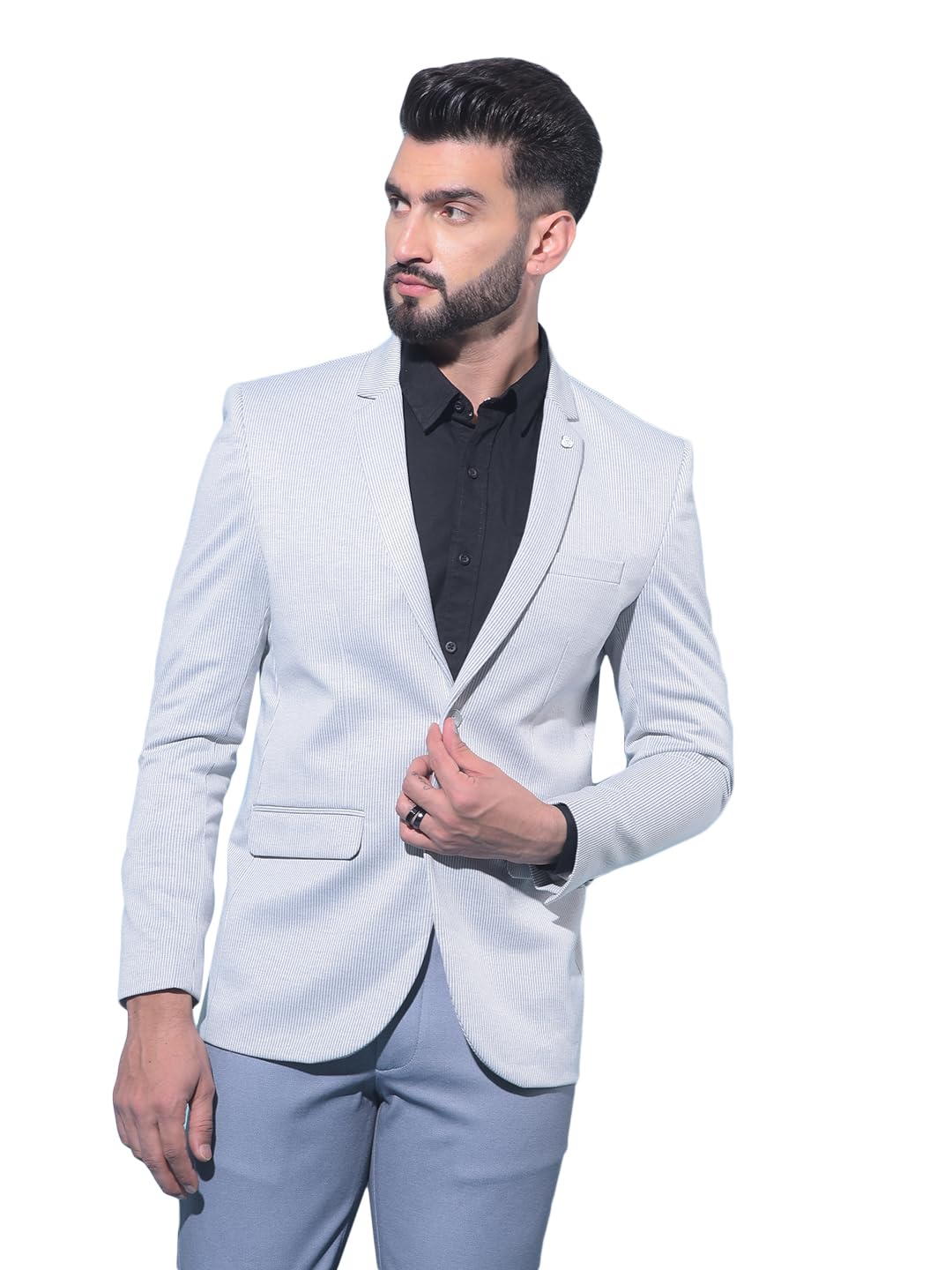 Men's Grey Vertical Striped Single-Breasted Blazer
