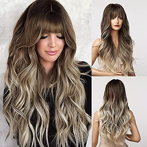 FORCUTEU Long Wavy Wig Ash Blonde Wigs with Bangs Ombre Brown Blonde Wigs for Women Long Heat Resistant Fiber Synthetic Wig For Daily Use 26 Inch