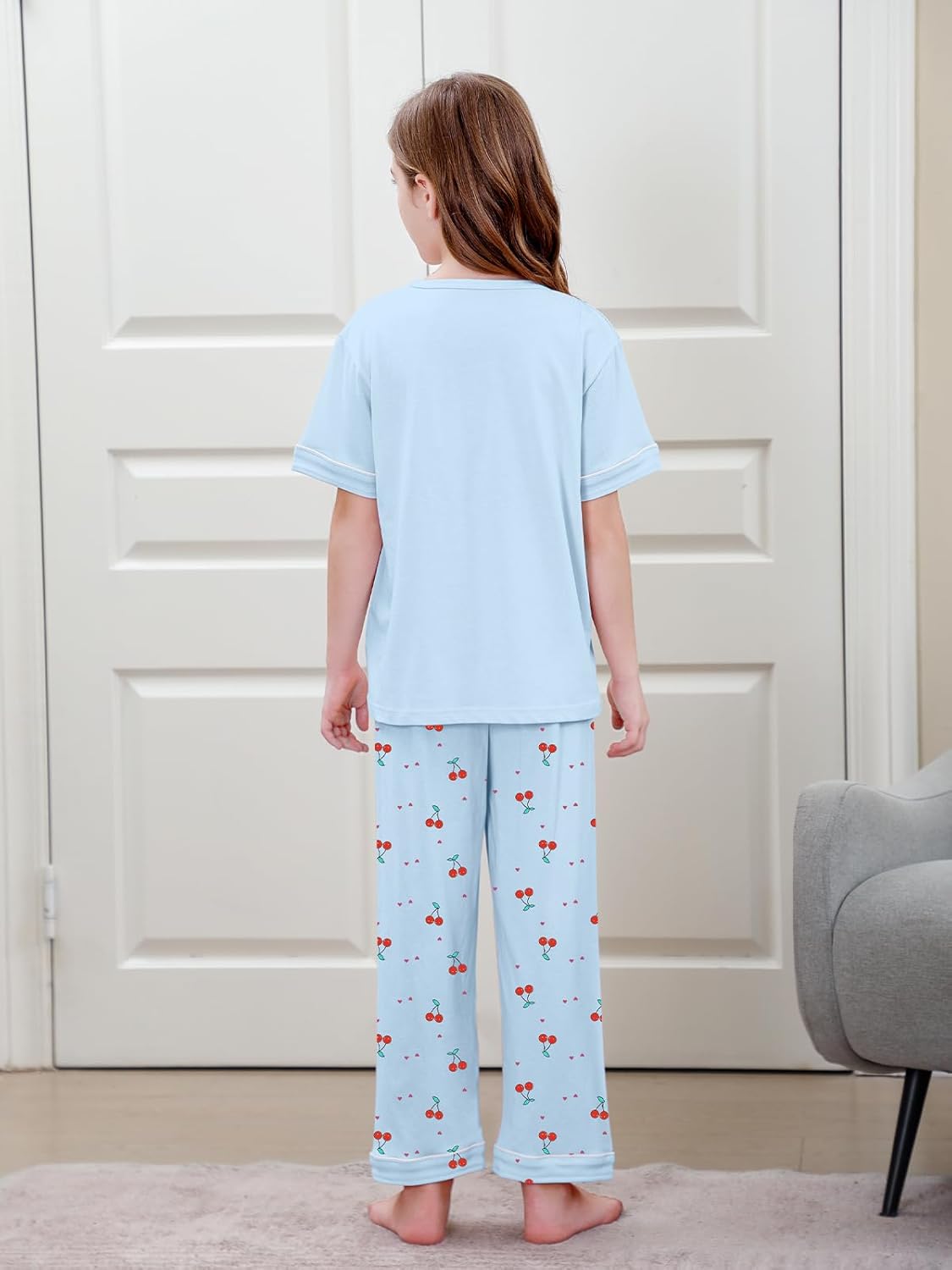 Umeyda Girls Pajamas Set, Cotton Pjs Cartoon Pattern 3PCS Sleepwear Lounge for Kids Size 5-14 - Image 6