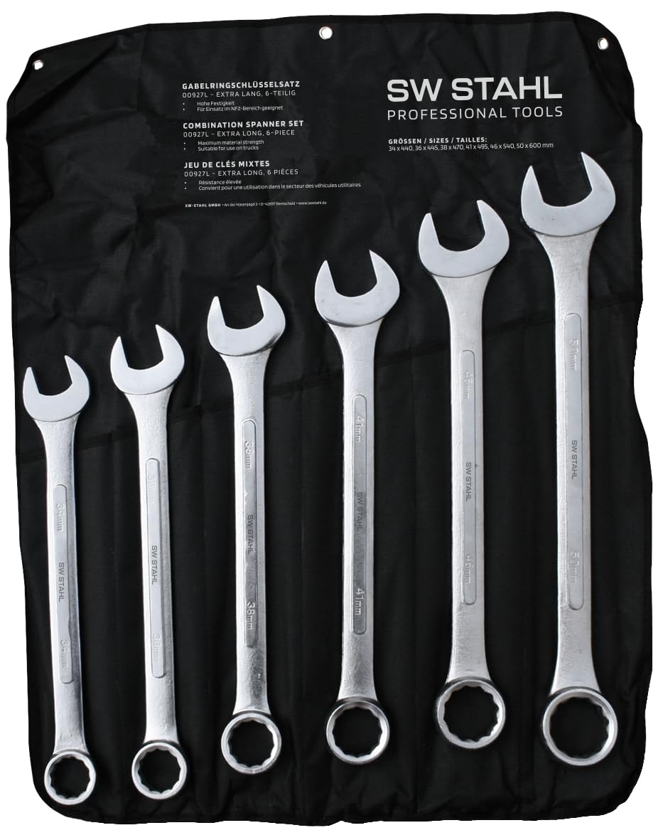 SW-Stahl 00927L Juego de 6 Llaves Combinadas Extra Largas, 34 a 50 mm | Herramientas de acero cromo-vanadio, acabado cromado mate en bolsa de sistema, medidas 34, 36, 38, 41, 46 y 50 mm