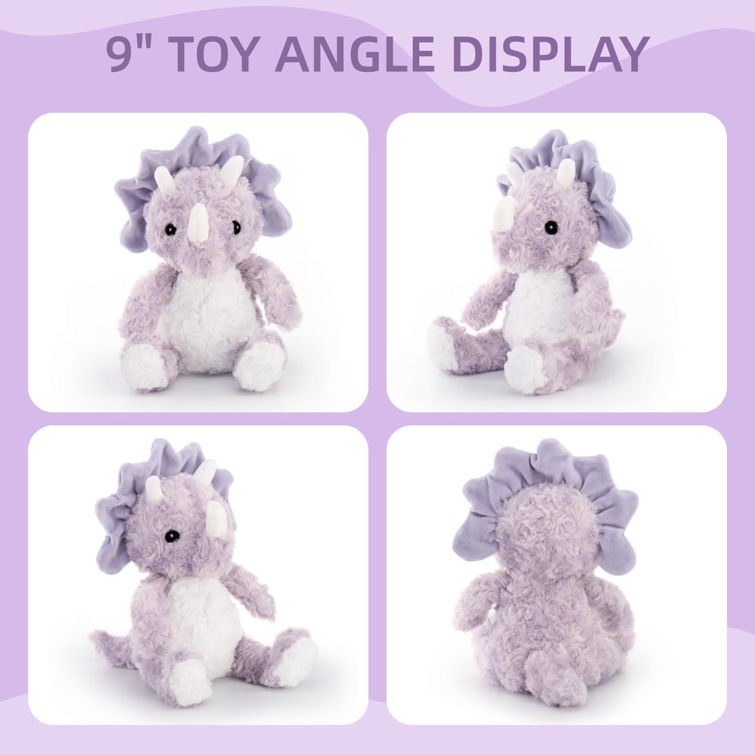 Animales de peluche de dinosaurio púrpura para niñas - 9' de suave triceratops lavanda de peluche, dino seguro para bebés con ojos bordados, compañero de dormir para niños pequeños, regalos de