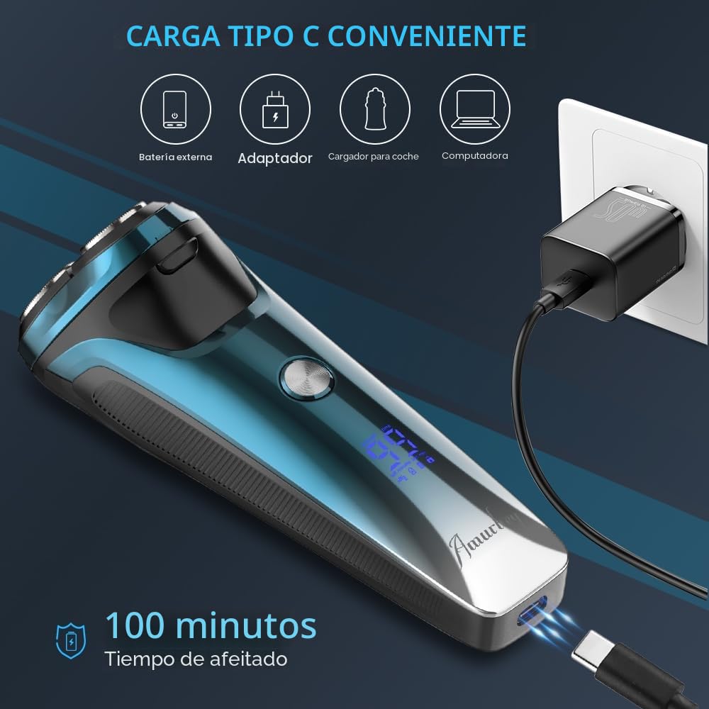 Máquina de Afeitar Barba [2026 New] Afeitadora Eléctrica Hombre con recortadora, Cabezal flexible 360º, 120 min de uso, En Seco y Húmedo, USB-C Recargable, Azul
