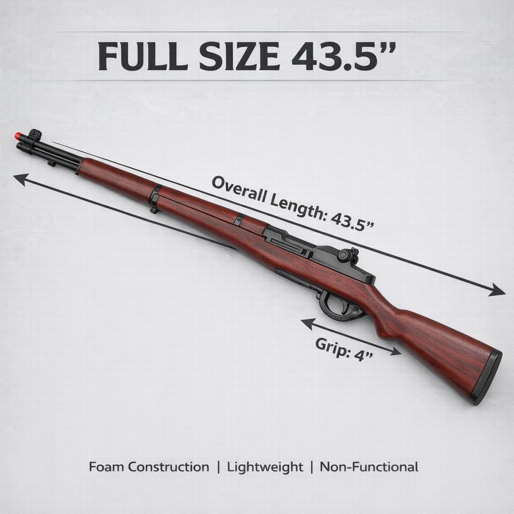 Full Size 43.5" WWII Style Foam M1 Rifle Prop – Wood Texture, Lightweight Non-Functional Military Cosplay Display for Adults