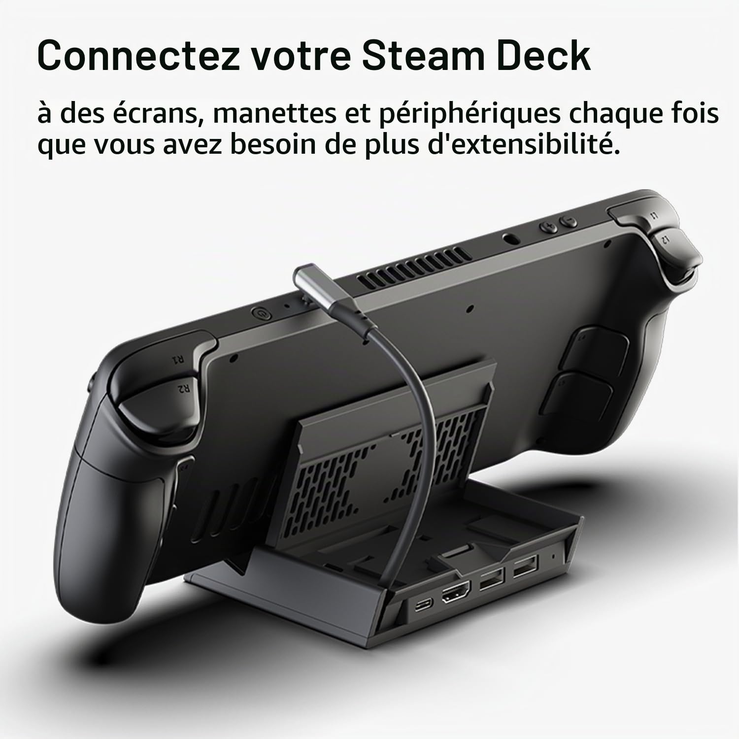 Skull & Co. SteamDock with Detachable Portable USB Hub HDMI TV Adapter for Steam Deck, ROG Ally, Smartphone and MacBook- Black (with Extension Cable)