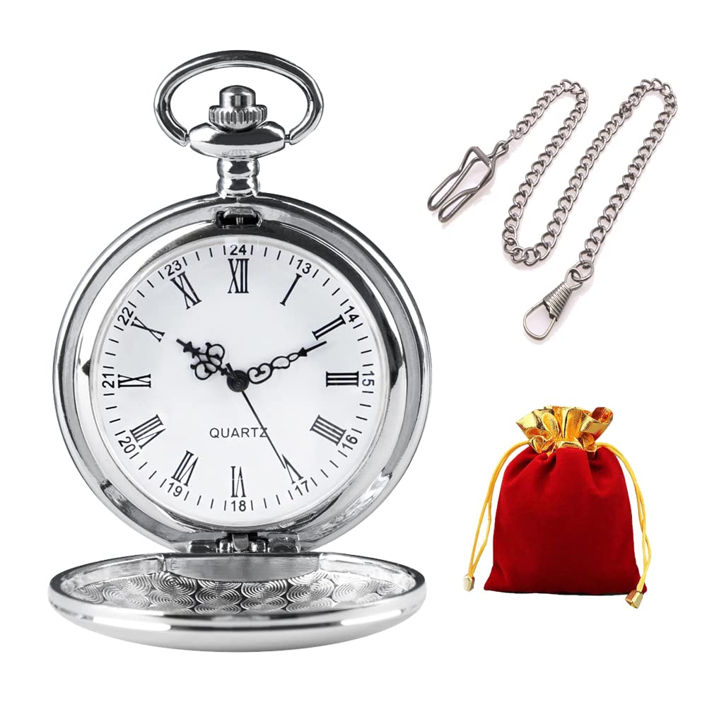 Vintage Pocket Watch Classic Frosted Solid Color Groom Groomsmen Wedding Pocket Watch with Short Chain for Men Women on Birthday Anniversary Day Christmas Gifts